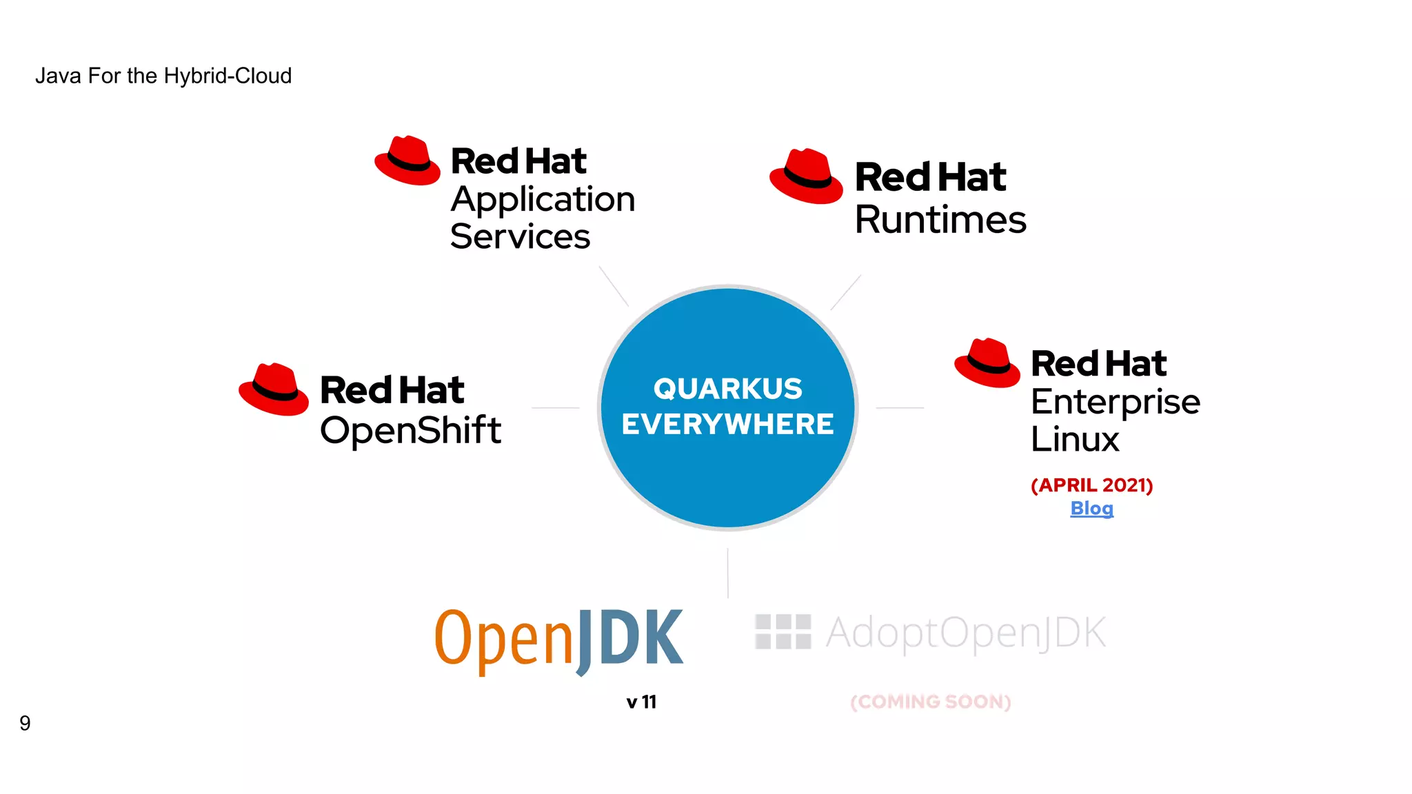 Java For the Hybrid-Cloud
9
QUARKUS
EVERYWHERE
(COMING SOON)
(APRIL 2021)
Blog
v 11
 