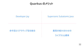 32
Developer Joy
Quarkus のメリット
Supersonic Subatomic Java
命令型とリアクティブ型を統合 最高の組み合わせの
ライブラリと標準
 