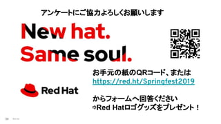 Red Hat39
アンケートにご協力よろしくお願いします
お手元の紙のQRコード、または
https://red.ht/Springfest2019
からフォームへ回答ください
⇨Red Hatロゴグッズをプレゼント！
 