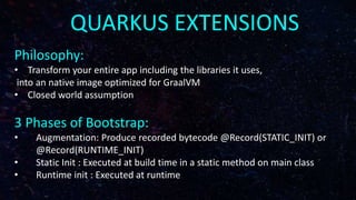 QUARKUS EXTENSIONS
Philosophy:
• Transform your entire app including the libraries it uses,
into an native image optimized for GraalVM
• Closed world assumption
3 Phases of Bootstrap:
• Augmentation: Produce recorded bytecode @Record(STATIC_INIT) or
@Record(RUNTIME_INIT)
• Static Init : Executed at build time in a static method on main class
• Runtime init : Executed at runtime
 