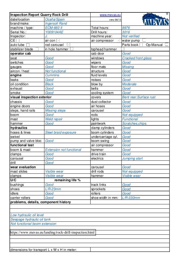 Quarry Rock Drill Inspection Checklist
