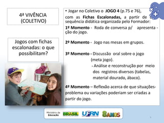 4ª VIVÊNCIA
(COLETIVO)
• Jogar no Coletivo o JOGO 4 (p.75 e 76),
com as Fichas Escalonadas, a partir de uma
sequência didática organizada pelo Formador:
1º Momento - Roda de conversa p/ apresenta -
ção do jogo.
2º Momento - Jogo nas mesas em grupos.
3º Momento - Discussão oral sobre o jogo
(meta jogo).
- Análise e reconstrução por meio
dos registros diversos (tabelas,
material dourado, ábaco).
4º Momento – Reflexão acerca de que situações-
problema ou variações poderiam ser criadas a
partir do jogo.
Jogos com fichas
escalonadas: o que
possibilitam?
8
 