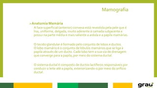 Mamografia
Anatomia Mamária
A face superficial (anterior) convexa está revestida pela pele que é
lisa, uniforme, delgada, muito aderente à camada subjacente e
possui na parte média e mais saliente a aréola e a papila mamárias.
O tecido glandular é formado pelo conjunto de lobos e ductos.
O lobo mamário é o conjunto de lóbulos mamários que se liga à
papila através de um ducto. Cada lobo tem a sua via de drenagem
que converge para a papila, por meio do sistema ductal.
O sistema ductal é composto de ductos lactíferos responsáveis por
conduzir o leite até a papila, exteriorizando-o por meio do orifício
ductal.
 