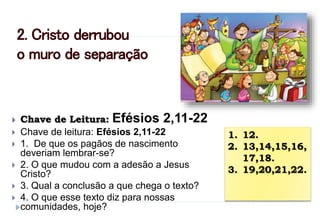 2. Cristo derrubou
o muro de separação
 Chave de Leitura: Efésios 2,11-22
 Chave de leitura: Efésios 2,11-22
 1. De que os pagãos de nascimento
deveriam lembrar-se?
 2. O que mudou com a adesão a Jesus
Cristo?
 3. Qual a conclusão a que chega o texto?
 4. O que esse texto diz para nossas
comunidades, hoje?
1. 12.
2. 13,14,15,16,
17,18.
3. 19,20,21,22.
 