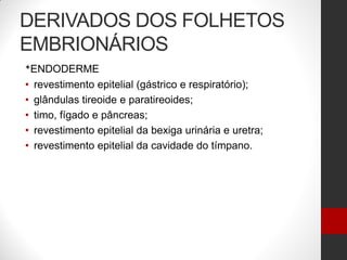 DERIVADOS DOS FOLHETOS
EMBRIONÁRIOS
*ENDODERME
• revestimento epitelial (gástrico e respiratório);
• glândulas tireoide e paratireoides;
• timo, fígado e pâncreas;
• revestimento epitelial da bexiga urinária e uretra;
• revestimento epitelial da cavidade do tímpano.
 