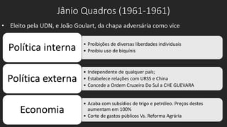 Jânio Quadros (1961-1961)
• Proibições de diversas liberdades individuais
• Proibiu uso de biquínisPolítica interna
• Independente de qualquer país;
• Estabelece relações com URSS e China
• Concede a Ordem Cruzeiro Do Sul a CHE GUEVARA
Política externa
• Acaba com subsídios de trigo e petróleo. Preços destes
aumentam em 100%
• Corte de gastos públicos Vs. Reforma Agrária
Economia
• Eleito pela UDN, e João Goulart, da chapa adversária como vice
 