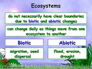 © 2004 Plano ISD, Plano, TX
do not necessarily have clear boundaries
do not necessarily have clear boundaries
due to
due to biotic
biotic and
and abiotic
abiotic changes
changes
Ecosystems
Biotic
Biotic Abiotic
Abiotic
migration, seed
migration, seed
dispersal
dispersal
flood, erosion,
flood, erosion,
drought
drought
can change daily as things move from one
can change daily as things move from one
ecosystem to another
ecosystem to another
 