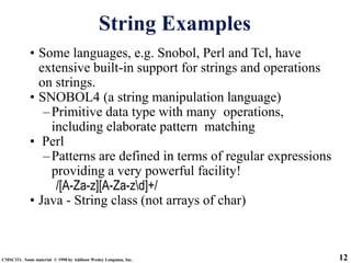 12
CMSC331. Some material © 1998 by Addison Wesley Longman, Inc.
String Examples
• Some languages, e.g. Snobol, Perl and T...