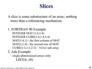 32
CMSC331. Some material © 1998 by Addison Wesley Longman, Inc.
Slices
A slice is some substructure of an array; nothing
...