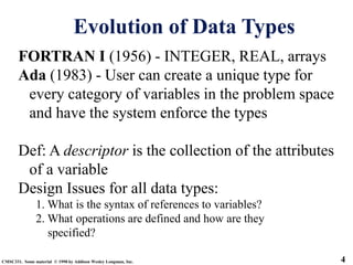 4
CMSC331. Some material © 1998 by Addison Wesley Longman, Inc.
Evolution of Data Types
FORTRAN I (1956) - INTEGER, REAL, ...