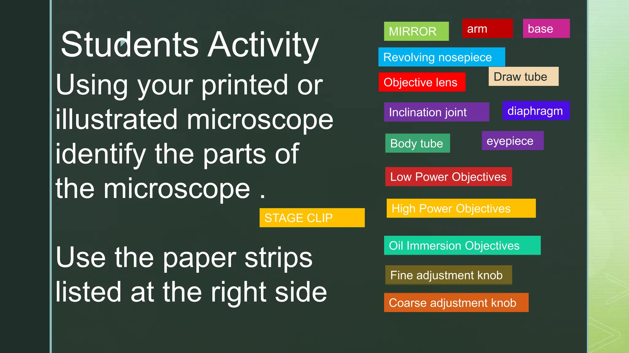 z
MIRROR
Revolving nosepiece
Objective lens
Body tube
Low Power Objectives
High Power Objectives
Oil Immersion Objectives
Fine adjustment knob
Coarse adjustment knob
diaphragm
Inclination joint
arm base
Draw tube
eyepiece
Students Activity
Using your printed or
illustrated microscope
identify the parts of
the microscope .
Use the paper strips
listed at the right side
STAGE CLIP
 
