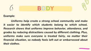 Example:
Uniforms help create a strong school community and make
it easier to identify which students belong to which school.
Research shows that uniforms improve behavior, attendance, and
grades by reducing distractions caused by different clothing. Plus,
uniforms make sure everyone is treated fairly, no matter their
financial situation, so nobody feels left out or embarrassed about
their clothes.
BODY
 