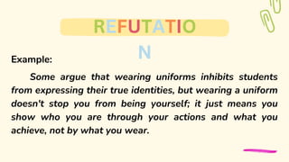 Example:
Some argue that wearing uniforms inhibits students
from expressing their true identities, but wearing a uniform
doesn't stop you from being yourself; it just means you
show who you are through your actions and what you
achieve, not by what you wear.
REFUTATIO
N
 