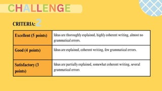 Excellent (5 points) Ideas are thoroughly explained, highly coherent writing, almost no
grammatical errors.
Good (4 points) Ideas are explained, coherent writing, few grammatical errors.
Satisfactory (3
points)
Ideas are partially explained, somewhat coherent writing, several
grammatical errors
CRITERIA:
CHALLENGE
2
 
