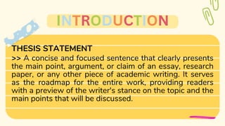 THESIS STATEMENT
>> A concise and focused sentence that clearly presents
the main point, argument, or claim of an essay, research
paper, or any other piece of academic writing. It serves
as the roadmap for the entire work, providing readers
with a preview of the writer's stance on the topic and the
main points that will be discussed.
INTRODUCTION
 