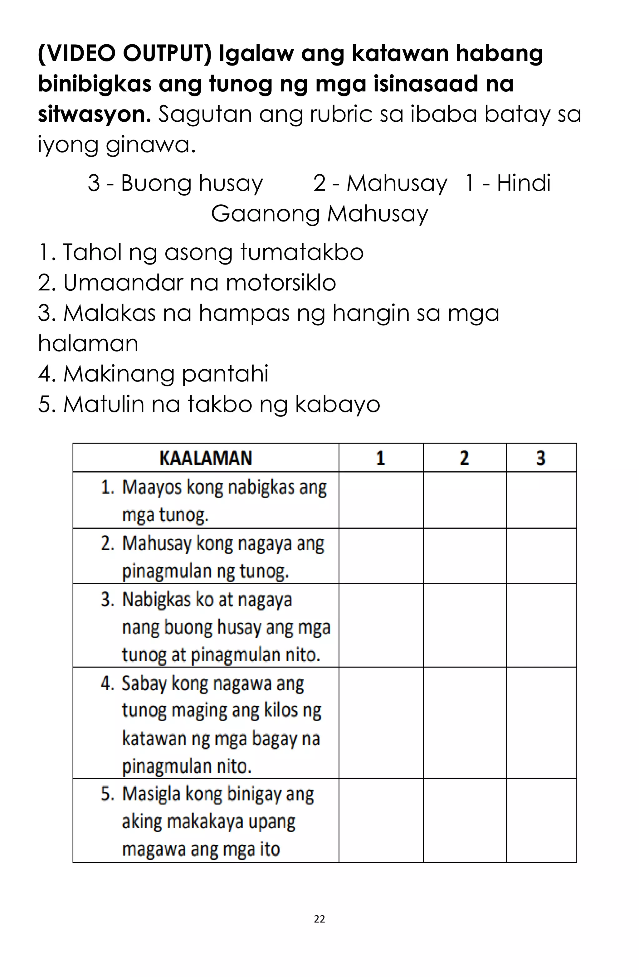 22
(VIDEO OUTPUT) Igalaw ang katawan habang
binibigkas ang tunog ng mga isinasaad na
sitwasyon. Sagutan ang rubric sa ibaba batay sa
iyong ginawa.
3 - Buong husay 2 - Mahusay 1 - Hindi
Gaanong Mahusay
1. Tahol ng asong tumatakbo
2. Umaandar na motorsiklo
3. Malakas na hampas ng hangin sa mga
halaman
4. Makinang pantahi
5. Matulin na takbo ng kabayo
 