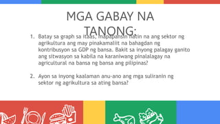 MGA GABAY NA
TANONG:
1. Batay sa graph sa itaas, mapapansin natin na ang sektor ng
agrikultura ang may pinakamaliit na bahagdan ng
kontribusyon sa GDP ng bansa. Bakit sa inyong palagay ganito
ang sitwasyon sa kabila na karaniwang pinalalagay na
agricultural na bansa ng bansa ang pilipinas?
2. Ayon sa inyong kaalaman anu-ano ang mga suliranin ng
sektor ng agrikultura sa ating bansa?
 