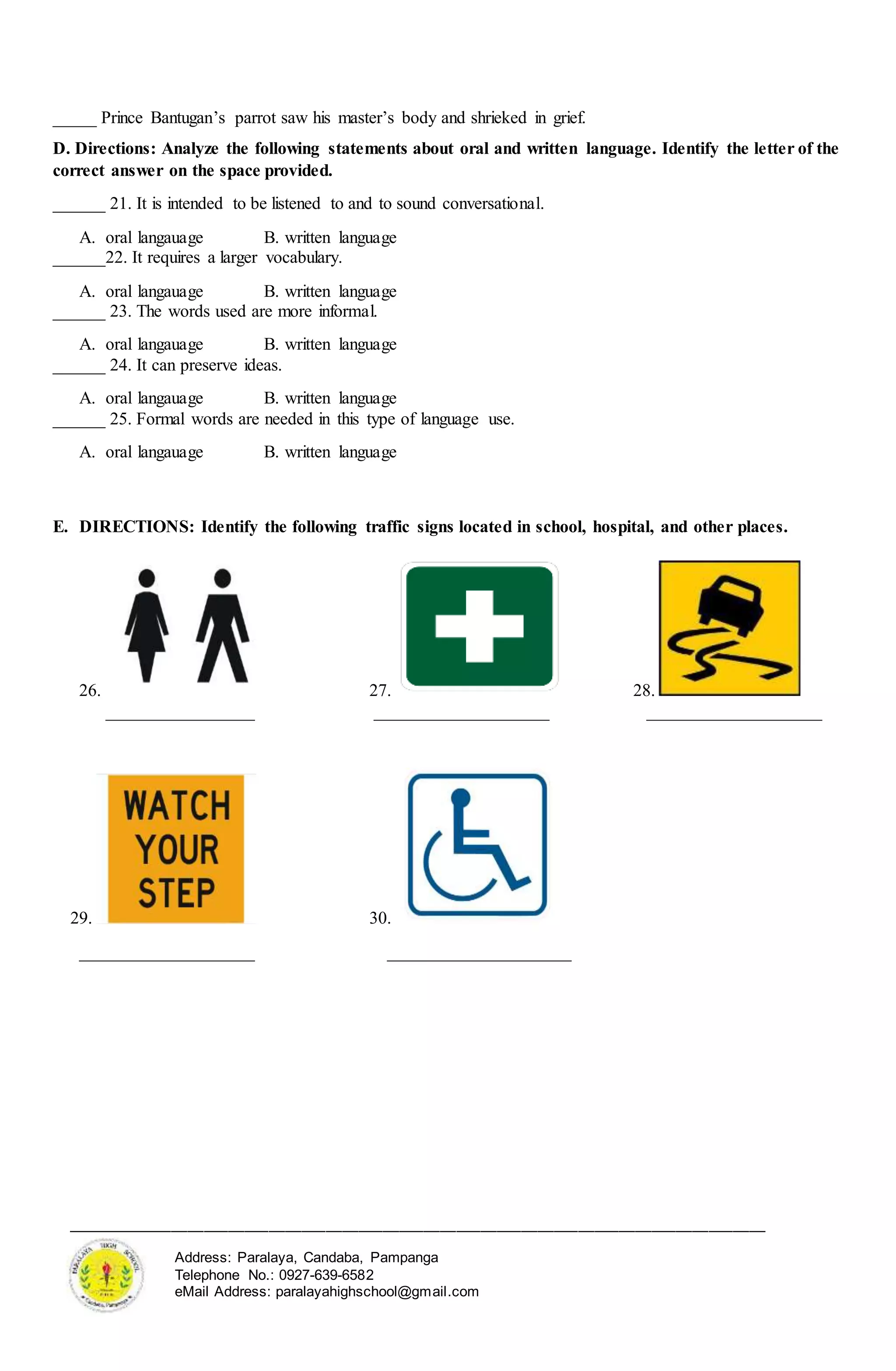 ______________________________________________________________________________________
Address: Paralaya, Candaba, Pampanga
Telephone No.: 0927-639-6582
eMail Address: paralayahighschool@gmail.com
_____ Prince Bantugan’s parrot saw his master’s body and shrieked in grief.
D. Directions: Analyze the following statements about oral and written language. Identify the letter of the
correct answer on the space provided.
______ 21. It is intended to be listened to and to sound conversational.
A. oral langauage B. written language
______22. It requires a larger vocabulary.
A. oral langauage B. written language
______ 23. The words used are more informal.
A. oral langauage B. written language
______ 24. It can preserve ideas.
A. oral langauage B. written language
______ 25. Formal words are needed in this type of language use.
A. oral langauage B. written language
E. DIRECTIONS: Identify the following traffic signs located in school, hospital, and other places.
26. 27. 28.
_________________ ____________________ ____________________
29. 30.
____________________ _____________________
 