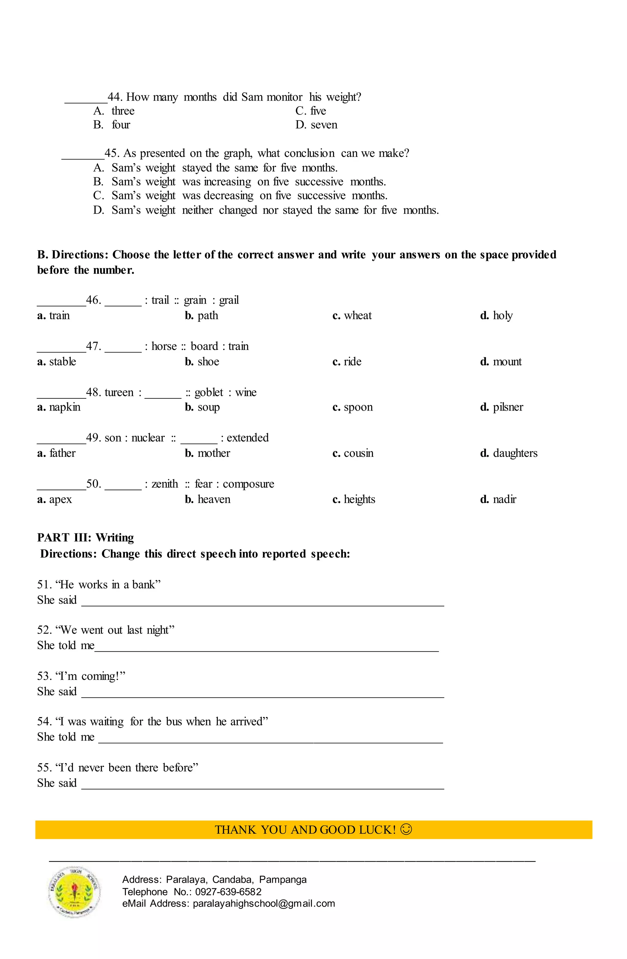 ______________________________________________________________________________________
Address: Paralaya, Candaba, Pampanga
Telephone No.: 0927-639-6582
eMail Address: paralayahighschool@gmail.com
_______44. How many months did Sam monitor his weight?
A. three C. five
B. four D. seven
_______45. As presented on the graph, what conclusion can we make?
A. Sam’s weight stayed the same for five months.
B. Sam’s weight was increasing on five successive months.
C. Sam’s weight was decreasing on five successive months.
D. Sam’s weight neither changed nor stayed the same for five months.
B. Directions: Choose the letter of the correct answer and write your answers on the space provided
before the number.
________46. ______ : trail :: grain : grail
a. train b. path c. wheat d. holy
________47. ______ : horse :: board : train
a. stable b. shoe c. ride d. mount
________48. tureen : ______ :: goblet : wine
a. napkin b. soup c. spoon d. pilsner
________49. son : nuclear :: ______ : extended
a. father b. mother c. cousin d. daughters
________50. ______ : zenith :: fear : composure
a. apex b. heaven c. heights d. nadir
PART III: Writing
Directions: Change this direct speech into reported speech:
51. “He works in a bank”
She said ___________________________________________________________
52. “We went out last night”
She told me________________________________________________________
53. “I’m coming!”
She said ___________________________________________________________
54. “I was waiting for the bus when he arrived”
She told me ________________________________________________________
55. “I’d never been there before”
She said ___________________________________________________________
THANK YOU AND GOOD LUCK! 😊
 