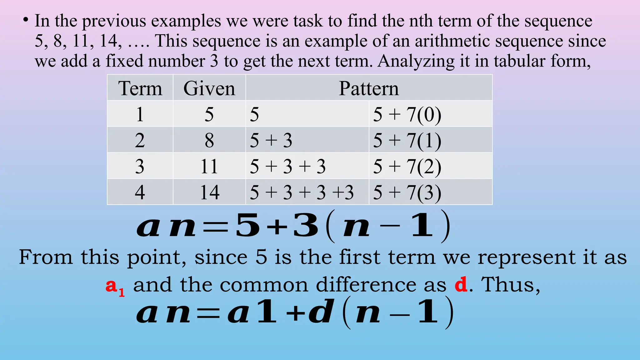 • In the previous examples we were task to find the nth term of the sequence
5, 8, 11, 14, …. This sequence is an example of an arithmetic sequence since
we add a fixed number 3 to get the next term. Analyzing it in tabular form,
Term Given Pattern
1 5 5 5 + 7(0)
2 8 5 + 3 5 + 7(1)
3 11 5 + 3 + 3 5 + 7(2)
4 14 5 + 3 + 3 +3 5 + 7(3)
𝒂𝒏=𝟓+𝟑(𝒏−𝟏)
From this point, since 5 is the first term we represent it as
a1 and the common difference as d. Thus,
𝒂𝒏=𝒂𝟏+𝒅(𝒏 – 𝟏)
 