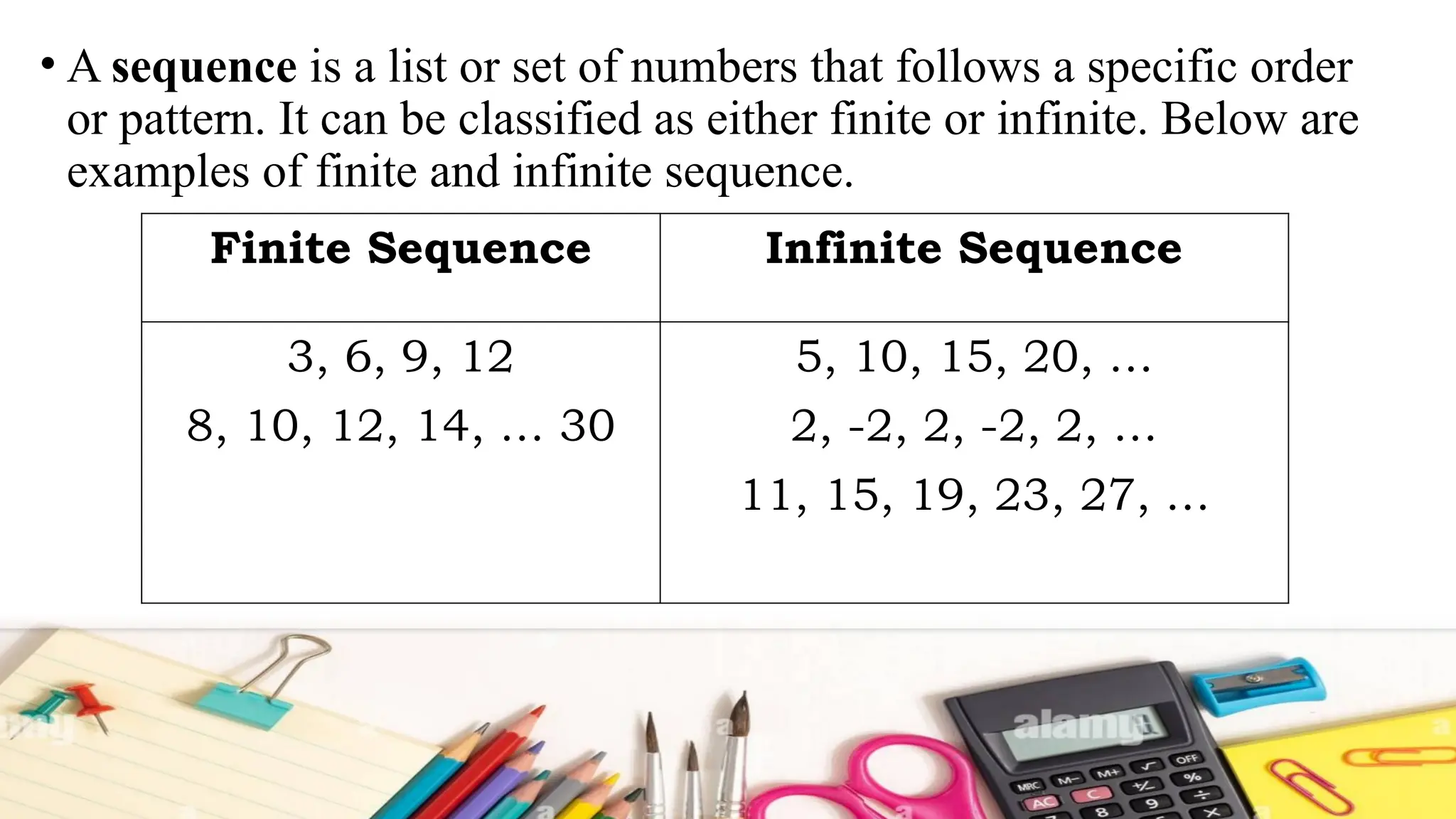 • A sequence is a list or set of numbers that follows a specific order
or pattern. It can be classified as either finite or infinite. Below are
examples of finite and infinite sequence.
Finite Sequence Infinite Sequence
3, 6, 9, 12
8, 10, 12, 14, … 30
5, 10, 15, 20, …
2, -2, 2, -2, 2, …
11, 15, 19, 23, 27, …
 