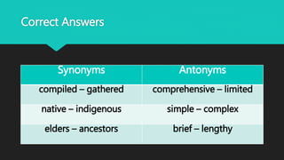 Correct Answers
Synonyms Antonyms
compiled – gathered comprehensive – limited
native – indigenous simple – complex
elders – ancestors brief – lengthy
 