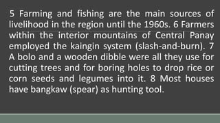 5 Farming and fishing are the main sources of
livelihood in the region until the 1960s. 6 Farmers
within the interior mountains of Central Panay
employed the kaingin system (slash-and-burn). 7
A bolo and a wooden dibble were all they use for
cutting trees and for boring holes to drop rice or
corn seeds and legumes into it. 8 Most houses
have bangkaw (spear) as hunting tool.
 