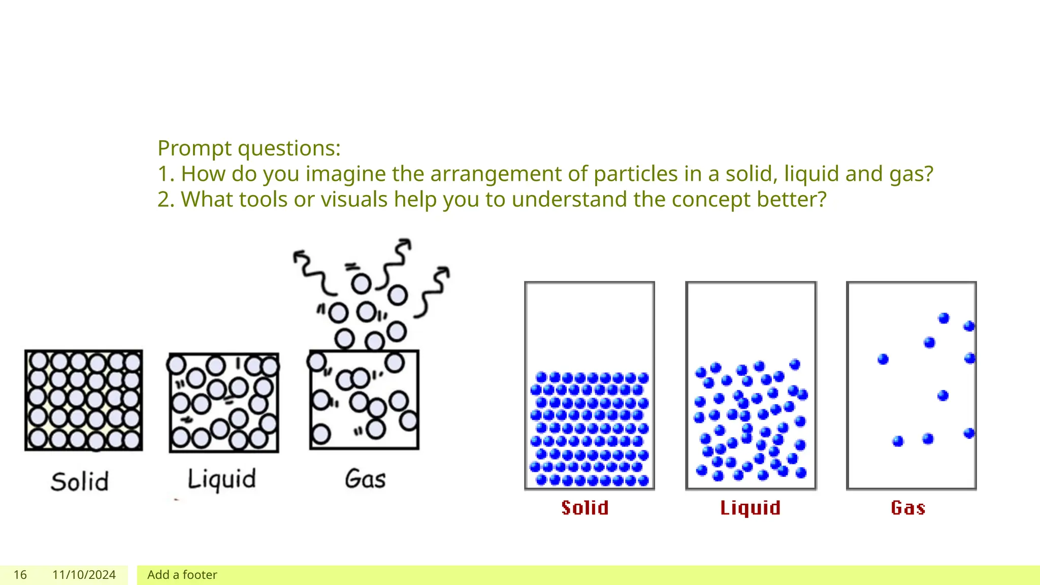 16 11/10/2024 Add a footer
Prompt questions:
1. How do you imagine the arrangement of particles in a solid, liquid and gas?
2. What tools or visuals help you to understand the concept better?
 