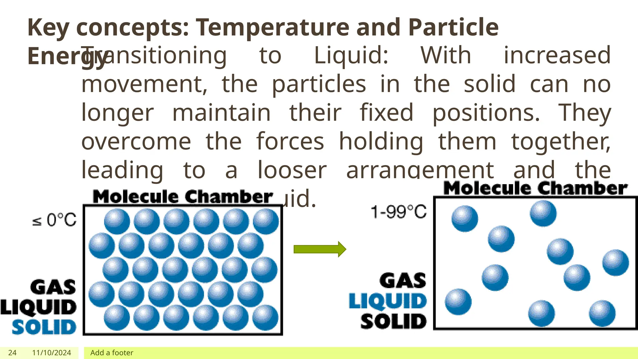 24 11/10/2024 Add a footer
Key concepts: Temperature and Particle
Energy
Transitioning to Liquid: With increased
movement, the particles in the solid can no
longer maintain their fixed positions. They
overcome the forces holding them together,
leading to a looser arrangement and the
formation of a liquid.
 