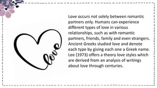 Title
Text
Text
Text
Love occurs not solely between romantic
partners only. Humans can experience
different types of love in various
relationships, such as with romantic
partners, friends, family and even strangers.
Ancient Greeks studied love and denote
each type by giving each one a Greek name.
Lee (1973) offers a theory love styles which
are derived from an analysis of writings
about love through centuries.
 