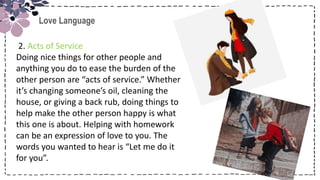 Title
Love Language
2. Acts of Service
Doing nice things for other people and
anything you do to ease the burden of the
other person are “acts of service.” Whether
it’s changing someone’s oil, cleaning the
house, or giving a back rub, doing things to
help make the other person happy is what
this one is about. Helping with homework
can be an expression of love to you. The
words you wanted to hear is “Let me do it
for you”.
 