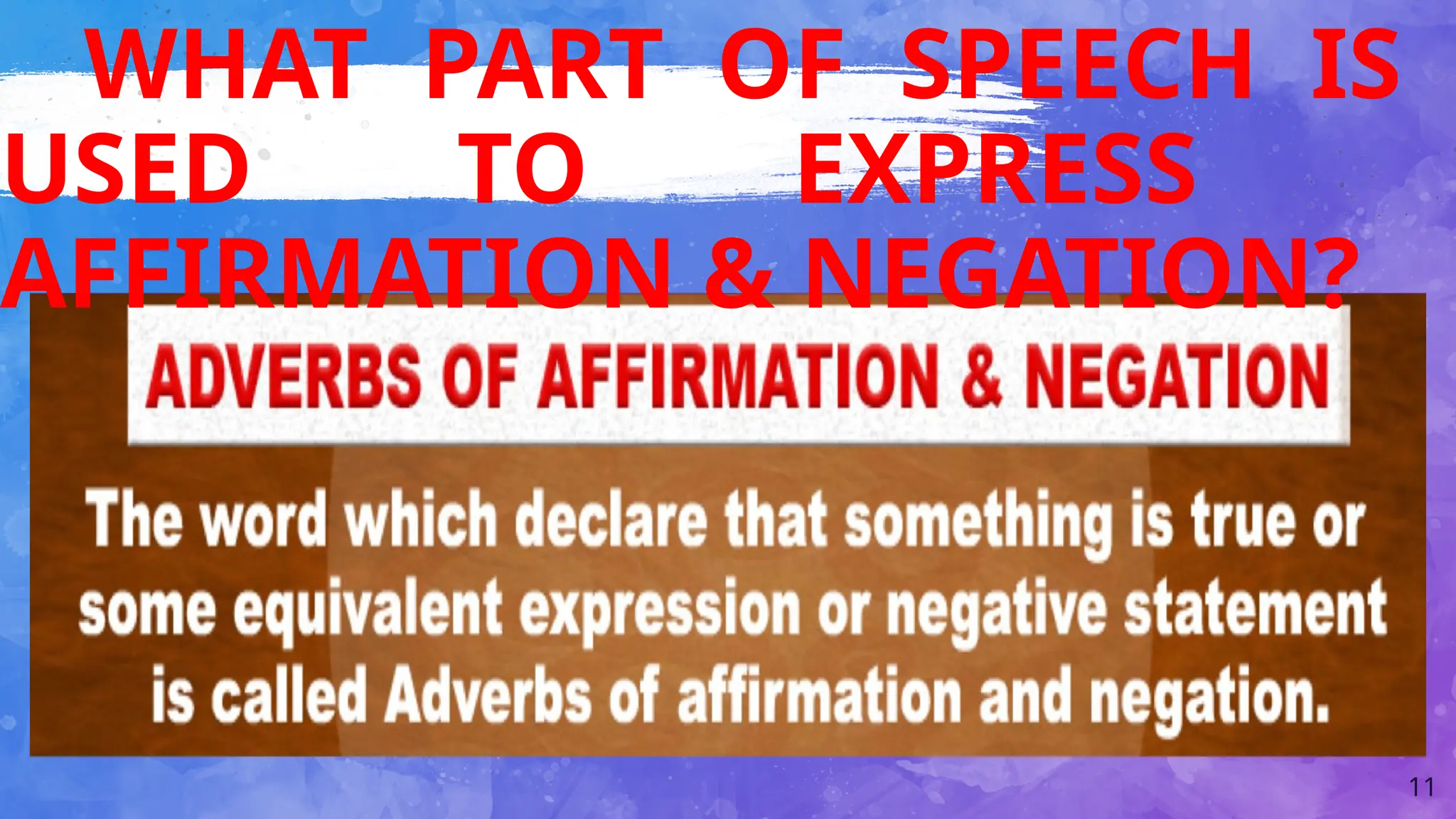 11
WHAT PART OF SPEECH IS
USED TO EXPRESS
AFFIRMATION & NEGATION?
 