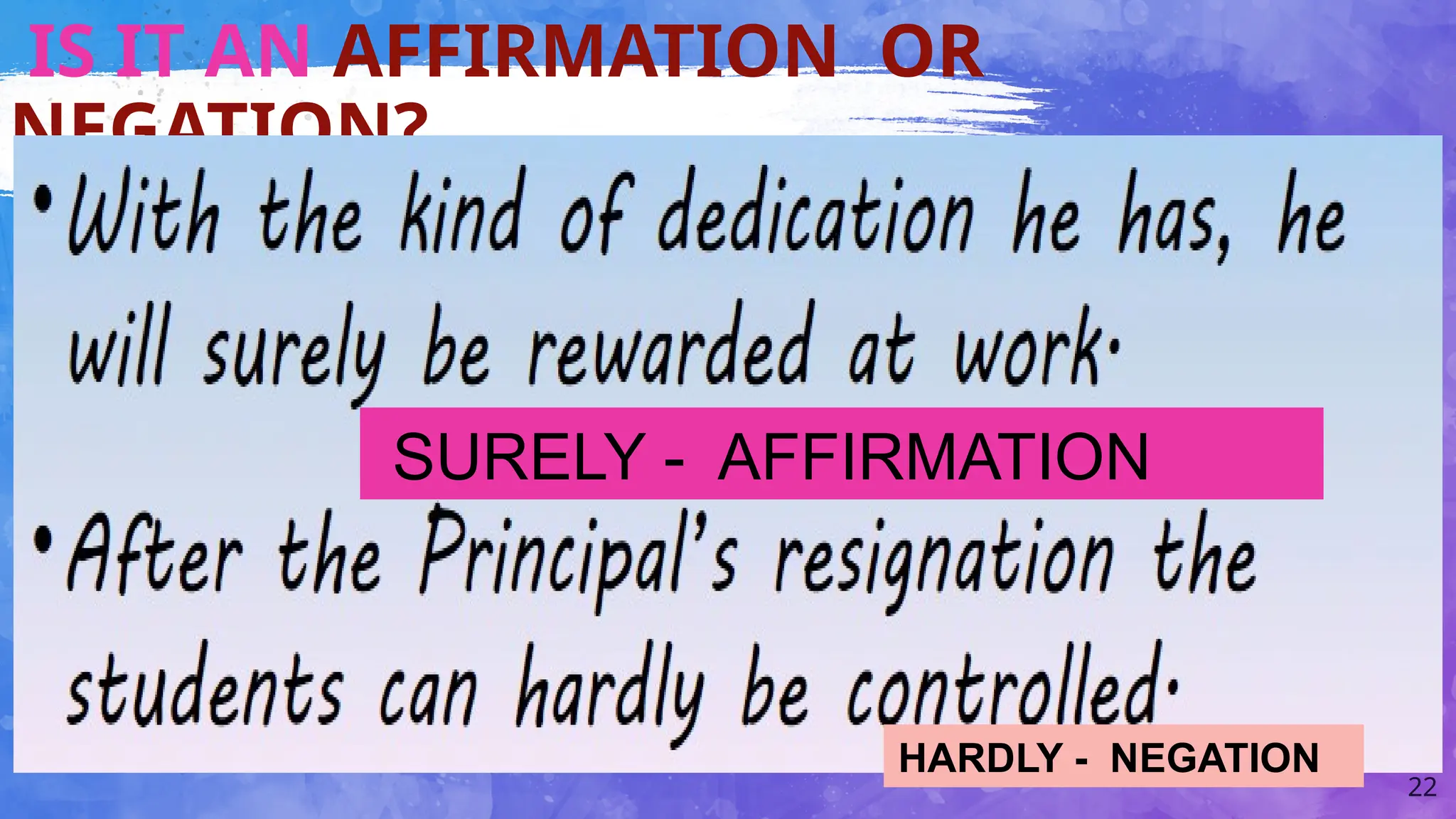 22
IS IT AN AFFIRMATION OR
NEGATION?
SURELY - AFFIRMATION
HARDLY - NEGATION
 