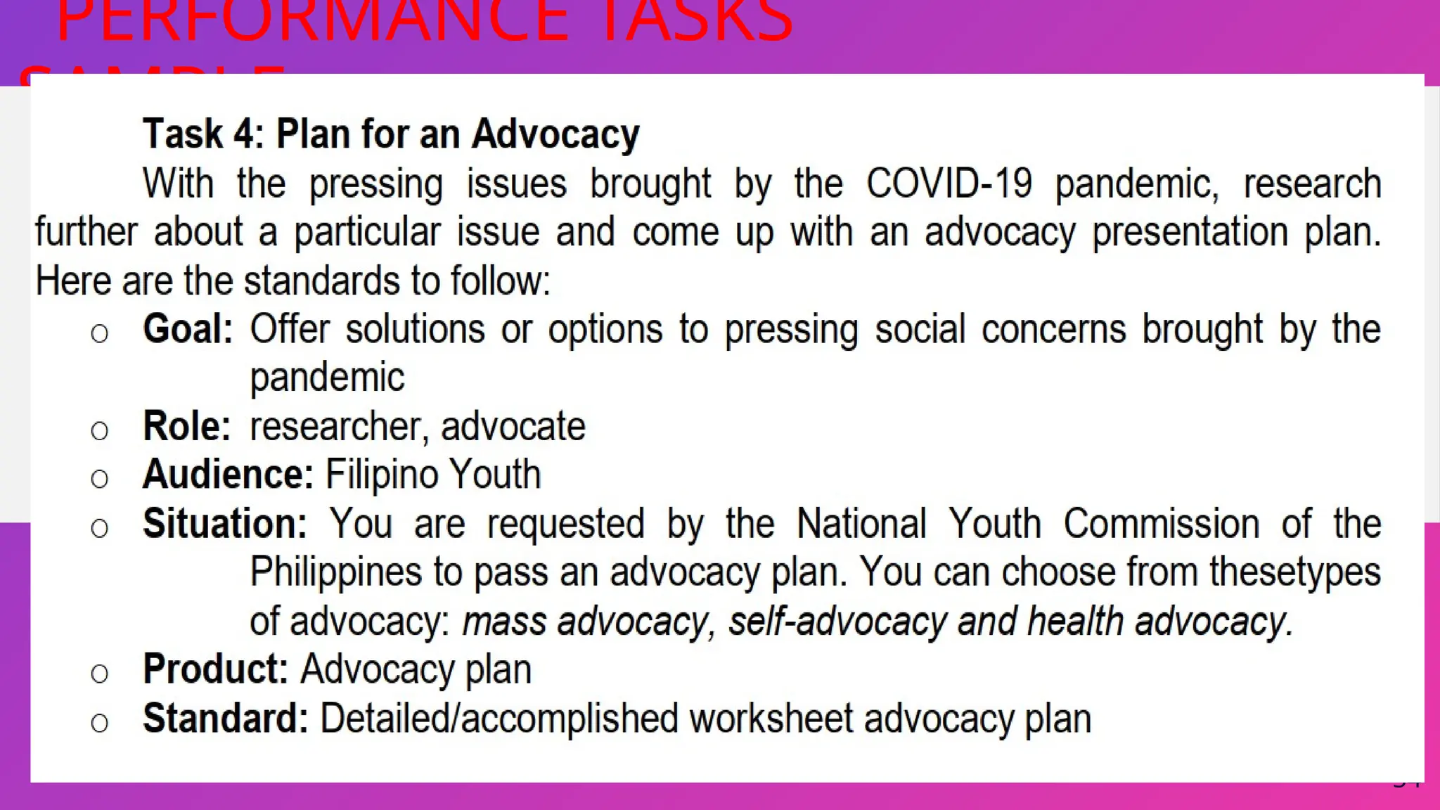 54
PERFORMANCE TASKS
SAMPLE …
 