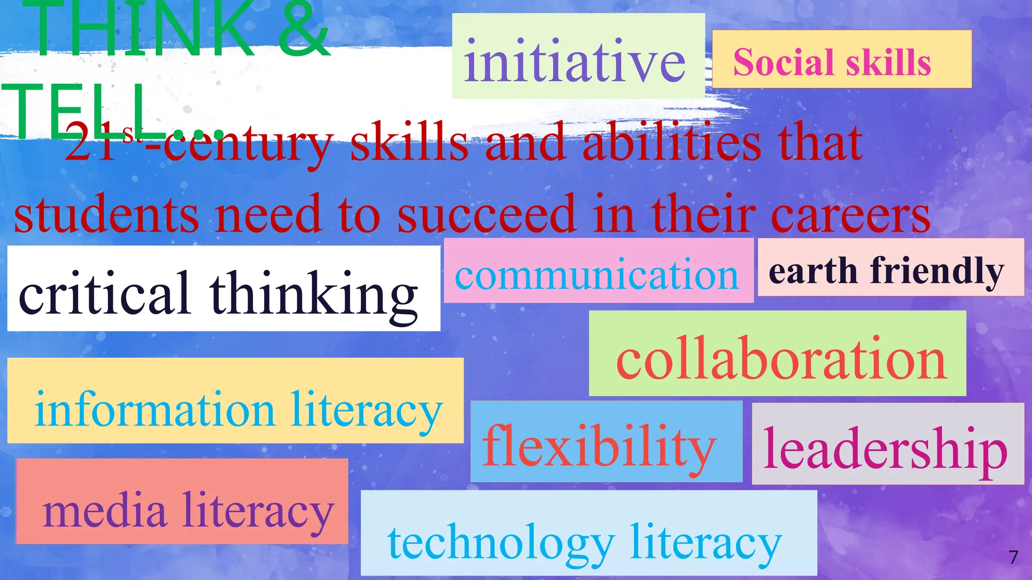 Social skills
7
21st
-century skills and abilities that
students need to succeed in their careers
THINK &
TELL…
critical thinking
collaboration
communication
information literacy
media literacy
technology literacy
flexibility leadership
initiative
earth friendly
 