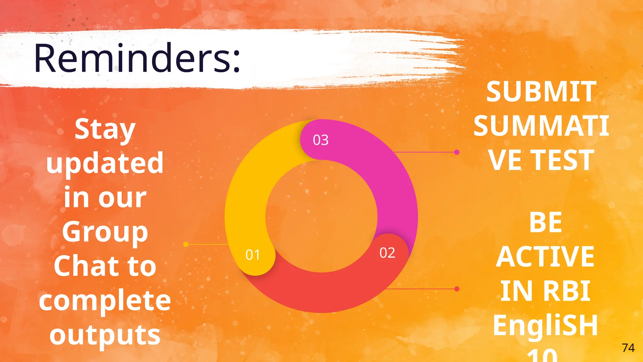 Reminders:
74
Stay
updated
in our
Group
Chat to
complete
outputs
SUBMIT
SUMMATI
VE TEST
BE
ACTIVE
IN RBI
EngliSH
03
01 02
 