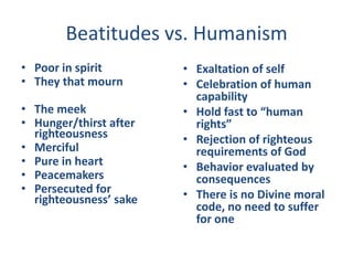 Beatitudes vs. Humanism
• Poor in spirit
• They that mourn
• The meek
• Hunger/thirst after
righteousness
• Merciful
• Pure in heart
• Peacemakers
• Persecuted for
righteousness’ sake
• Exaltation of self
• Celebration of human
capability
• Hold fast to “human
rights”
• Rejection of righteous
requirements of God
• Behavior evaluated by
consequences
• There is no Divine moral
code, no need to suffer
for one
 