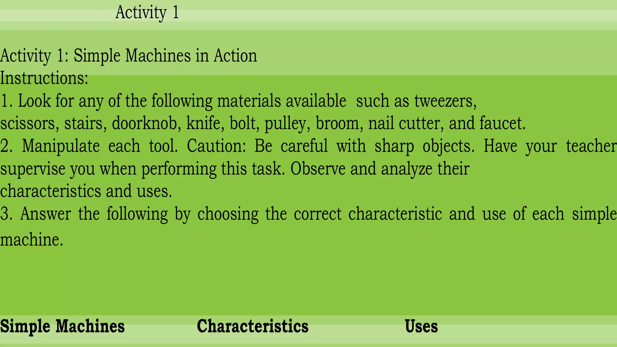 Activity 1
Activity 1: Simple Machines in Action
Instructions:
1. Look for any of the following materials available such as tweezers,
scissors, stairs, doorknob, knife, bolt, pulley, broom, nail cutter, and faucet.
2. Manipulate each tool. Caution: Be careful with sharp objects. Have your teacher
supervise you when performing this task. Observe and analyze their
characteristics and uses.
3. Answer the following by choosing the correct characteristic and use of each simple
machine.
Simple Machines Characteristics Uses
 