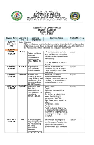 Republic of the Philippines
DEPARTMENT OF EDUCATION
Region XI, Division of Davao City
CROSSING BAYABAS NATIONAL HIGH SCHOOL
Neptune Street, Crossing Bayabas, Toril, Davao City
WEEKLY HOME LEARNING PLAN
GRADE 9 – DAGOHOY
Quarter 3 Week 4
March 6, 2022
Day and Time Learning
Area
Learning
Competency
Learning Tasks Mode of Delivery
SUNDAY
6:30 – 7:40
A.M.
Do the following:
- Make your bed, eat breakfast, get dressed, give time to bond with family members
and prepare needed things or materials before starting the scheduled activities in
the modular class. Have a blessed and productive days ahead!
SUNDAY
7:00 AM –
08:00 AM
MATH
Solves problems
involving
parallelograms,
trapezoids and
kites. M9GE - IIIe -
1
- Present a concise and brief
word problem and formulate a
solution based on the situation
in the activity
“LET US ENHANCE” in your
module.
Modular
8:00 AM –
09:00 AM
SCIENCE Explain what
happens when
volcanoes erupt
Answer assessment test.
Perform additional activity in
Let us Enhance-Conducting
mini research.
Modular
9:00 AM –
10:00 AM
MAPEH Relates 20th
Century music to
other art forms and
media during the
same time period.
MU09TC-Ia-g-3
Relate the influence of
impressionism arts to
impressionism music through
identifying its similarities and
differences of concepts.
Modular
10:00 AM –
11:00 AM
FILIPINO Nagagamit ang
iba’t ibang
ekspresyon sa
pagpapahayag ng
damdamin
F9WG – IIC- 48
Suriin Natin:
Panuto :
Suriin ang sumusunod ng
pahayag
Ng tauhan at tukuyin kung
anong damdamin ang
namamayani dito.Piliin
Ang iyong sagot saloob ng
kahon.
Payabungin Natin:
Panuto :
Pumili ng limang ekspresyon
sa pagpapahayag ng damdain
at gamitin ito Sa pangungusap.
Isulat ang iyong sagot sa loob
ng kahon.
Modular
11:00 AM –
12:00 AM
ESP 1.3 Naisasagawa
ang isang proyekto
na makatutulong
sa isang
pamayanan o
sektor sa
pangangailangang
2.1 Natataya ang pag-iral o
kawalan sa pamilya, paaralan,
baranggay, pamayanan, o
lipunan/bansa ng: a. Prinsipyo
Modular
 