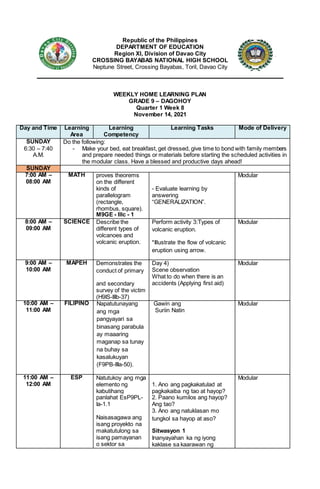 Republic of the Philippines
DEPARTMENT OF EDUCATION
Region XI, Division of Davao City
CROSSING BAYABAS NATIONAL HIGH SCHOOL
Neptune Street, Crossing Bayabas, Toril, Davao City
WEEKLY HOME LEARNING PLAN
GRADE 9 – DAGOHOY
Quarter 1 Week 8
November 14, 2021
Day and Time Learning
Area
Learning
Competency
Learning Tasks Mode of Delivery
SUNDAY
6:30 – 7:40
A.M.
Do the following:
- Make your bed, eat breakfast, get dressed, give time to bond with family members
and prepare needed things or materials before starting the scheduled activities in
the modular class. Have a blessed and productive days ahead!
SUNDAY
7:00 AM –
08:00 AM
MATH proves theorems
on the different
kinds of
parallelogram
(rectangle,
rhombus, square).
M9GE - IIIc - 1
- Evaluate learning by
answering
“GENERALIZATION”.
Modular
8:00 AM –
09:00 AM
SCIENCE Describe the
different types of
volcanoes and
volcanic eruption.
Perform activity 3:Types of
volcanic eruption.
*Illustrate the flow of volcanic
eruption using arrow.
Modular
9:00 AM –
10:00 AM
MAPEH Demonstrates the
conduct of primary
and secondary
survey of the victim
(H9IS-IIIb-37)
Day 4)
Scene observation
What to do when there is an
accidents (Applying first aid)
Modular
10:00 AM –
11:00 AM
FILIPINO Napatutunayang
ang mga
pangyayari sa
binasang parabula
ay maaaring
maganap sa tunay
na buhay sa
kasalukuyan
(F9PB-IIIa-50).
Gawin ang
Suriin Natin
Modular
11:00 AM –
12:00 AM
ESP Natutukoy ang mga
elemento ng
kabutihang
panlahat EsP9PL-
Ia-1.1
Naisasagawa ang
isang proyekto na
makatutulong sa
isang pamayanan
o sektor sa
1. Ano ang pagkakatulad at
pagkakaiba ng tao at hayop?
2. Paano kumilos ang hayop?
Ang tao?
3. Ano ang natuklasan mo
tungkol sa hayop at aso?
Sitwasyon 1
Inanyayahan ka ng iyong
kaklase sa kaarawan ng
Modular
 