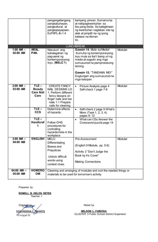 pangangailangang
pangkabuhayan,
pangkultural, at
pangkapayapaan.
EsP9PL-Ib-1.4
kaniyang pinsan. Sumama ka
at nakipagkwentuhan sa
iba pang bisita. Sa kalagitnaan
ng kwentuhan naglabas sila ng
alak at pinipilit ka ng iyong
kaklase na tikman
ito.
LUNCHBREAK
1:00 AM –
02:00 AM
ARAL.
PAN.
Nasusuri ang
kahalagahan ng
pag-aaral ng
kontemporaryong
isyu. (MELC 1)
Gawain 14. Mula sa Media!
Kumuha ng kontemporaryong
isyu mula sa iba’t ibang uri ng
media at sagutin ang mga
sumusunod na pamprosesong
tanong.
Gawain 15. “TANDAAN MO!”
Dugtungan ang sumusunod na
mga kaisipan
Modular
2:00 AM –
03:00 AM
TLE –
Beauty
Care Nail
Care
CREATE FANCY
NAIL DESIGNS LO
1. Perform different
fancy designs on
finger nails and toe
nails 1.1 Prepare
nails for cleaning
 Picture Analysis page 4
Self-check 1 page 7-8
Modular
TLE –
CCS
Determine effects
of hazards.
 Self-check 2 page 9 What’s
More (Task 1, 2, 3, 4)
pages 9- 12
TLE –
Handicraf
t
Follow OHS
procedures for
controlling
hazards/risks in the
workplace
 What can I Do Answer the
Crossword puzzle page 14
3:00 AM –
04:00 AM
ENGLISH MELC:
Differentiating
Biases and
Prejudices
Unlock difficult
words using
context clues.
Pre-Assessment
(English 9 Module, pp. 5-6)
Activity 2 “Don’t Judge the
Book by it’s Cover”
Making Connections
Modular
04:00 AM –
05:00 AM
HOMERO
OM
Cleaning and arranging of modules and sort the needed things or
materials to be used for tomorrow’s activity.
Prepared by:
ROMELL B. DELOS REYES
Teacher I
Checked by: Noted by:
NELSON L. FABIOSA
CLUSTER 5 Public School District Supervisor
 