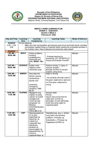 Republic of the Philippines
DEPARTMENT OF EDUCATION
Region XI, Division of Davao City
CROSSING BAYABAS NATIONAL HIGH SCHOOL
Neptune Street, Crossing Bayabas, Toril, Davao City
WEEKLY HOME LEARNING PLAN
GRADE 9 – DAGOHOY
Quarter 3 Week 3
February 27, 2022
Day and Time Learning
Area
Learning
Competency
Learning Tasks Mode of Delivery
SUNDAY
6:30 – 7:40
A.M.
Do the following:
- Make your bed, eat breakfast, get dressed, give time to bond with family members
and prepare needed things or materials before starting the scheduled activities in
the modular class. Have a blessed and productive days ahead!
SUNDAY
7:00 AM –
08:00 AM
MATH Solves problems
involving
parallelograms,
trapezoids and
kites. M9GE - IIIe -
1
- Evaluate learning by
answering “LET US REFELCT:
Pause and Evaluate Yourself”.
Modular
8:00 AM –
09:00 AM
SCIENCE Explain what
happens when
volcanoes erupt
Perform activity 3, Types of
volcanic eruption.
Illustrate the flow of volcanic
eruption using arrow.
Modular
9:00 AM –
10:00 AM
MAPEH Describes the
factors causing
Unintentional
Injuries and
assessing
emergency
situations; H9IS-
IIIb-38.
Right or Wrong
- the students will write check if
the given statement is right and
ex if the given statement is
wrong.
Modular
10:00 AM –
11:00 AM
FILIPINO Nagagamit ang
angkop na pang-
ungnay na hudyat
ng pagsunod-
sunod ng mga
pangyayari sa
lilikhaing
kwento/pangungus
app/tula.
F9WG-IIID-E-54
Sanayin Natin
Panuto :
Ayusin ang sumusunod na
salita ayon sa tindi ng
kahulugan na nais ipahiwatig.
Isulat ang iyong sagot sa
sagutang papel.
Modular
11:00 AM –
12:00 AM
ESP Napangangatwiran
an na ang
pagsisikap ng
bawat tao na
makamit at
mapanatili ang
kabutihang
panlahat sa
pamamagitan ng
pagsasabuhay ng
moral na
pagpapahalaga ay
Naipaliliwanag ang: a. dahilan
kung bakit may lipunang
pulitikal b. Prinsipyo ng
Subsidiarity c. Prinsipyo ng
Pagkakaisa EsP9PL-Ic-
Modular
 