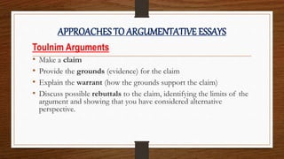 APPROACHES TO ARGUMENTATIVE ESSAYS
Toulnim Arguments
• Make a claim
• Provide the grounds (evidence) for the claim
• Explain the warrant (how the grounds support the claim)
• Discuss possible rebuttals to the claim, identifying the limits of the
argument and showing that you have considered alternative
perspective.
 