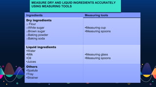 6
Ingredients Measuring tools
Dry ingredients
o Flour
oWhite sugar
oBrown sugar
oBaking powder
oBaking soda
•Measuring cup
•Measuring spoons
Liquid ingredients
•Water
•Milk
•Oil
•Juices
•Measuring glass
•Measuring spoons
Others
•Spatula
•Tray
•Strainer
MEASURE DRY AND LIQUID INGREDIENTS ACCURATELY
USING MEASURING TOOLS
 