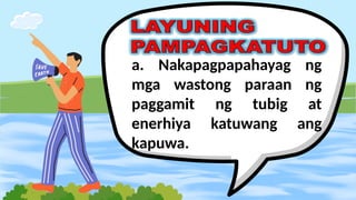 a. Nakapagpapahayag ng
mga wastong paraan ng
paggamit ng tubig at
enerhiya katuwang ang
kapuwa.
 