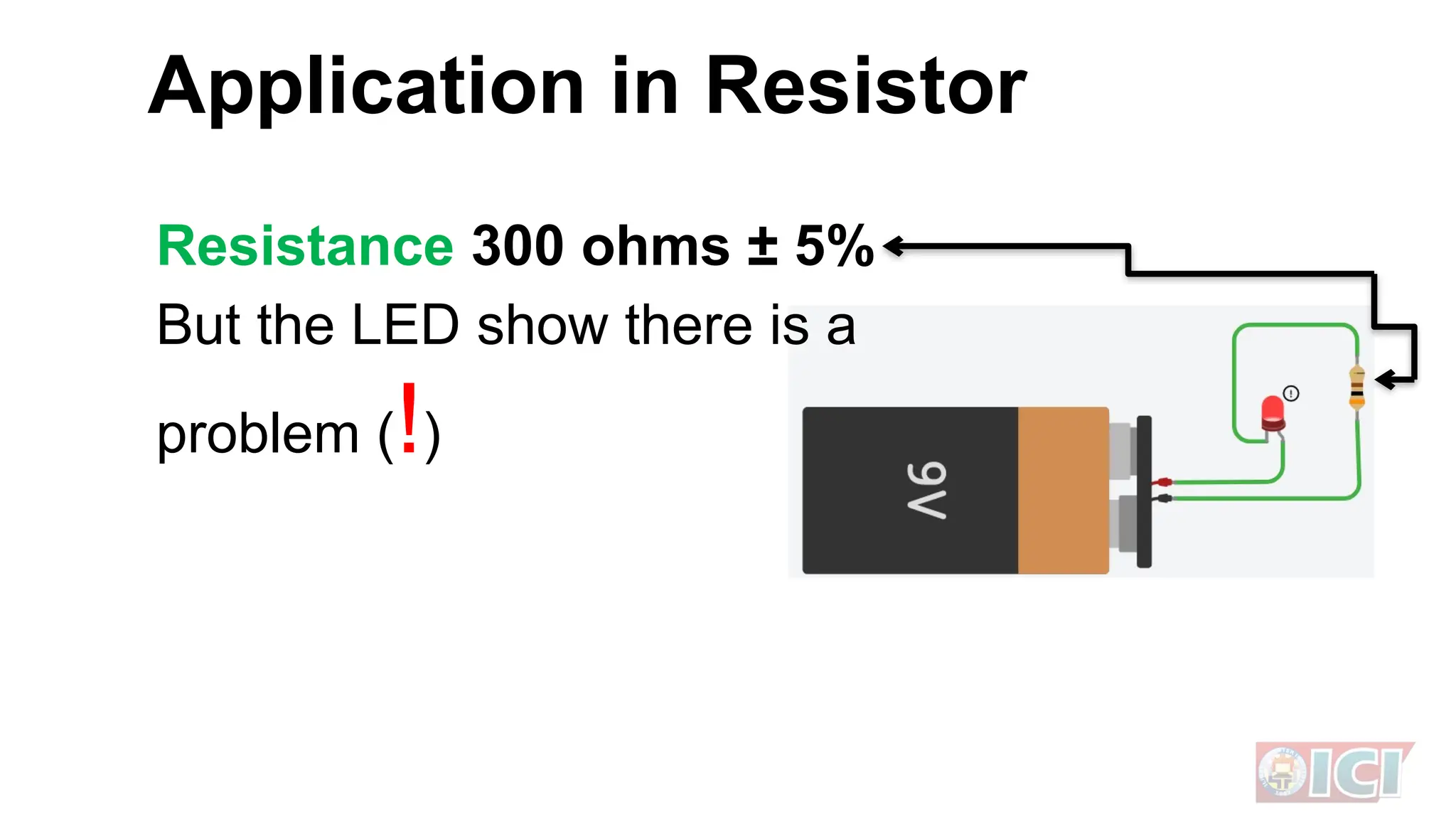 Resistance 300 ohms ± 5%
But the LED show there is a
problem (!)
Application in Resistor
 