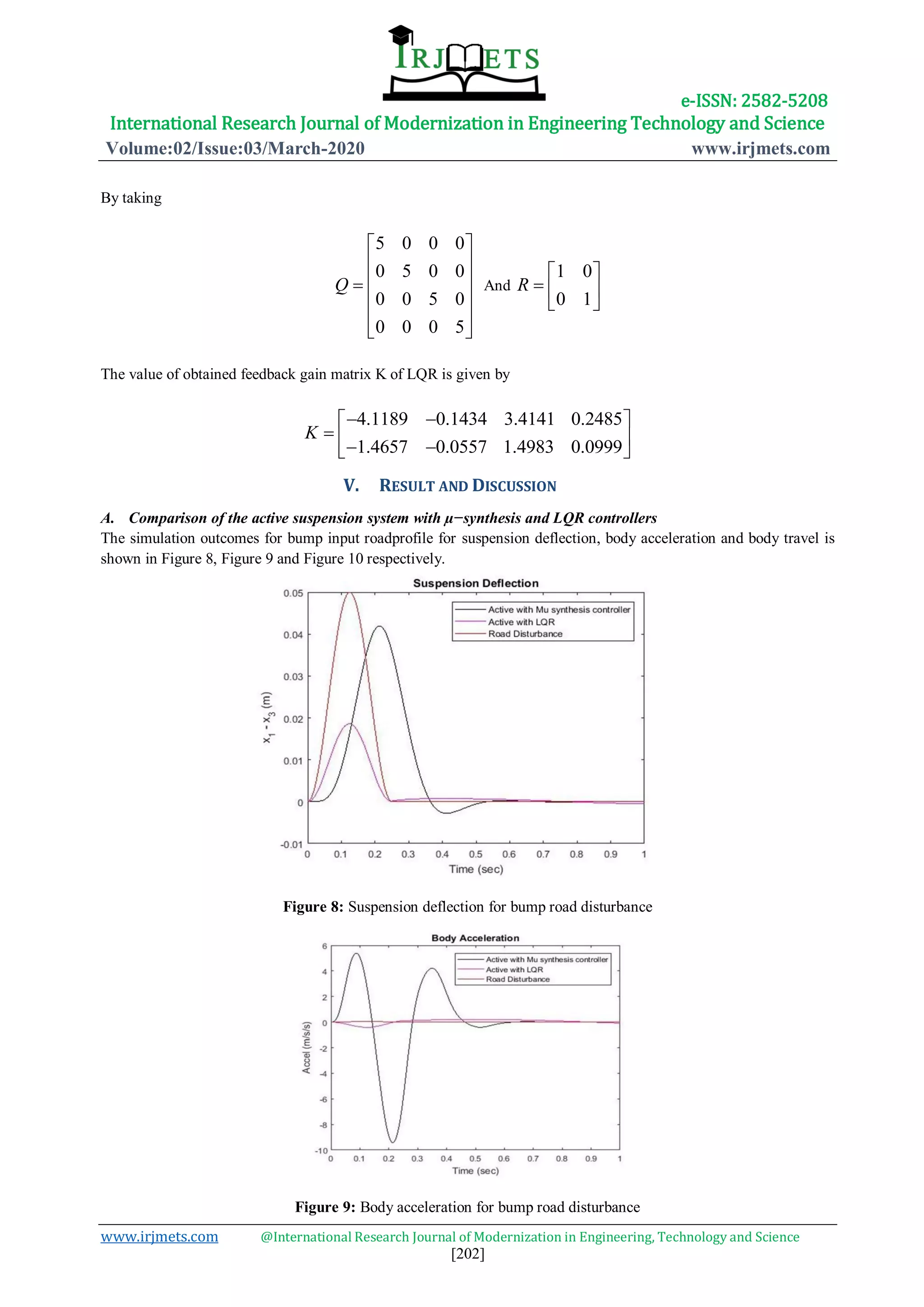e-ISSN: 2582-5208
International Research Journal of Modernization in Engineering Technology and Science
Volume:02/Issue:03/March-2020 www.irjmets.com
www.irjmets.com @International Research Journal of Modernization in Engineering, Technology and Science
[202]
By taking
5 0 0 0
0 5 0 0
0 0 5 0
0 0 0 5
Q
 
 
 
 
 
 
And
1 0
0 1
R
 
  
 
The value of obtained feedback gain matrix K of LQR is given by
4.1189 0.1434 3.4141 0.2485
1.4657 0.0557 1.4983 0.0999
K
  
    
V. RESULT AND DISCUSSION
A. Comparison of the active suspension system with µ−synthesis and LQR controllers
The simulation outcomes for bump input roadprofile for suspension deflection, body acceleration and body travel is
shown in Figure 8, Figure 9 and Figure 10 respectively.
Figure 8: Suspension deflection for bump road disturbance
Figure 9: Body acceleration for bump road disturbance
 