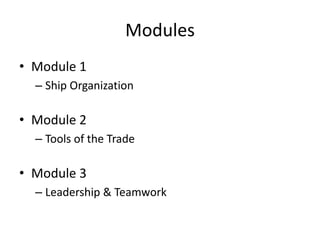 Modules
• Module 1
– Ship Organization

• Module 2
– Tools of the Trade

• Module 3
– Leadership & Teamwork

 