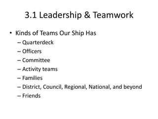 3.1 Leadership & Teamwork
• Kinds of Teams Our Ship Has
– Quarterdeck
– Officers
– Committee
– Activity teams
– Families
– District, Council, Regional, National, and beyond
– Friends

 