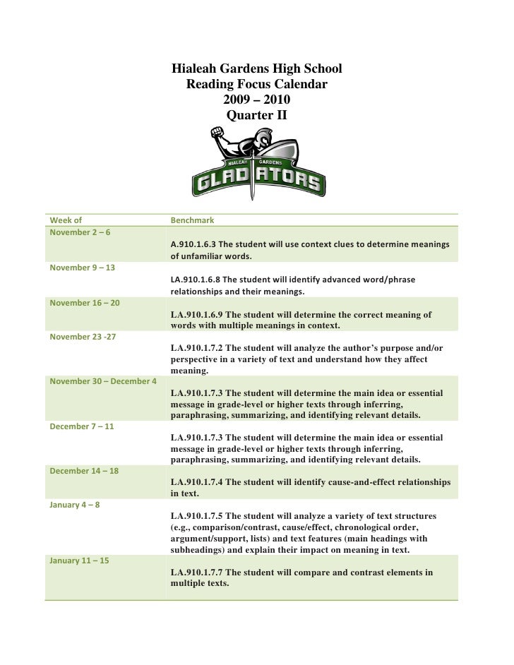 Quarter II Instructional Focus Calendar